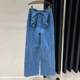 Ebbgo   Vintage Fashion Women's Bows Wide Leg Straight Jeans 2024 Spring Summer Trendy New Items High Waist Denim Pants Female