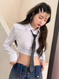 Ebbgo  Y2k Aesthetic Slim Waist Tunic Crop Top Women White Long Sleeve Blouse Turn Down Collar Solid All Match Necktie Patchwork Shirt