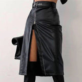 Ebbgo   Black PU Leather Bodycon Pencil Skirts Women Streetwear Vintage Sexy Zipper High Split High Waist Midi Skirt with Belt