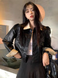 Ebbgo  Retro Turndown Collar Motorcycle Leather Jacket Women Fashion Korean Single Breasted Cool Spring Loose Versatile Female Coat New