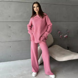 Ebbgo  -  Knitted Sweater Pants Set Women's Solid Turtle Collar Zip Sweater Top Pants 2-piece Set Autumn Knitted Women's Pants Set