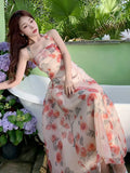 Ebbgo  -  Floral Elegant Sexy Back Lace Up Evening Dress Women Summer Gentie Chiffon Halter Neck Holiday Beach Dress