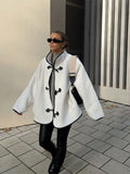 Ebbgo  -  fall outfit Elegant Leather Spliced White Lamb Wool Jacket Women Oversized Single Breasted Stand Collar Coats Autumn Office Commute Outwear