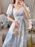 Ebbgo  -  Summer New French Style Retro Elegant Short Sleeve Dress Elegant High-end Sense Printing Puff Sleeve Long Dress