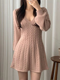 Ebbgo  -  V-neck Dress Women Casual Twist Fashion Vintage Solid Knit Dresses Female Spring Long Sleeves Korean Knitwears Lady