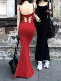 Ebbgo  Sexy Bodycon Spaghetti Strap Long Dresses for Women Summer New Solid Hollow Out Y2K Solid Casual Backless Prom Robe Party Dress