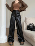 Ebbgo  -  Retro Hot Girl Black High Waist Leather Pants Women's Autumn Versatile Drop Straight Wide Leg Casual Long Pants Female Clothes