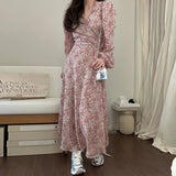 Ebbgo  Korean Spring French Elegant floral prints Dresses for Women's Dress 2024 New Skinny V-neck Full Puff Sleeves Maxi Dress Woman