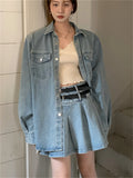 Ebbgo  Blue Jeanswear Two Pieces Sets Women New Slim Fashion Loose Denim Coats Summer OL Retro Pleated Mini Skirts Suits