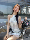 Ebbgo   -  Gentle Style Short Dress Women Classic Polka Dot Print Dresses Summer New Elegant Sleeveless Slim Party Dress