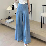 Ebbgo  Korean style High Waist Baggy Jeans Women Shirring Pleated Washed Blue Long Pants Women Spring Autumn Flared Wide Leg Jeans