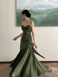 Ebbgo  Elegant Emerald Green Irregular Patchwork Evening Party Dress High Waist Spaghetti Strap Pleated Hem Prom Gown For Women