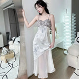 Ebbgo  Summer Suspender Nightgown Women Sleepwear Chemise Nightdress Morning Gown Sexy Silky Satin Home Dress Lounge Wear Nightwear