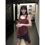 Ebbgo  Women's A-line Red Plaid Evening Dress Elegant Off Shoulder Sleeveless Dress Vintage 90s Y2k One Piece Frocks Emo 2000s Clothes