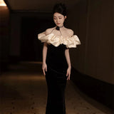 Ebbgo  -  Evening Dresses Black Fishtail Dress For Dinner Silk velvet Off Shoulder Party Dresses Gala H923