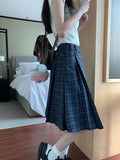 Ebbgo  Korean style Preppy Fashion Vintage Plaid Summer Women Midi Skirt High Waist Pleated A-line Temperament Loose Y2K Skirt