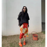 Ebbgo  -  Vintage Print Midi Skirt Women Elegant Floral Slit Pleated Skirts Summer Korean Vacation High Waist Split Chic A Line Skirt New