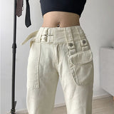 Ebbgo  Spring White Vintage High Waist Jeans Fashion Pocket Straight Wide Leg Pants Street Casual Baggy Mopping Denim Trouser Ladies