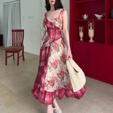 Ebbgo  -  Women's Red Plaid Patchwork A-line Luxury Dress Y2k Vintage Elegant Off Shoulder Dresses Vintage One Piece Frocks Clothes Summer