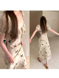 Ebbgo  -  Summer New Women Square Collar Dress Puff Sleeve Butterfly Print Slim Dresses Fashion Vintage Style Elegant Long Dress