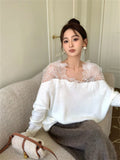 Ebbgo  Elegant Lace Patchwork Knitted Sweaters Women Chic Lady Spring 2024 Office Wear Pullovers Daily Loose Slim Casual