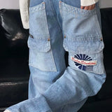 Ebbgo  Womens Jeans High Waist Shot Embroidered Pants for Women Straight Leg Blue Trousers Hippie Emo Gyaru Streetwear South Korea Cool