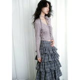 Ebbgo  Blue Long Skirt Womens Plaid Skirt 2024 Goth Lolita Spring Summer High Waist High Low Layer Ruched Ruffle Ball Gown Skirts Rok