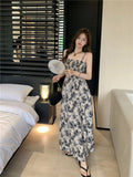 Ebbgo  Vintage Rose Print Belted Maxi Dress Women's Summer 2023 New Design Sense Waist Cinching Fashion Spaghetti Strap Dress