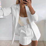 Ebbgo  -  Casual Solid Shorts Suit Women Work 2 Piece Set Turn Down Collar Coat Top Shorts Two Piece Outfit Business Suits