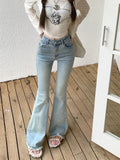 Ebbgo  Korean style Blue Fashion Flare Pants Women Pockets Elegant Denim Pants Female High Waist Casual Slim Pants