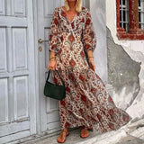 Ebbgo  -  Fashion Pattern Print Vacation Beach Dress Women Spring V Neck Long Sleeve Boho Maxi Dress Summer Lace-up Backless Long Dresses