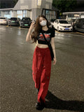 Ebbgo  -  American Red Overalls Women's Loose Straight Leg Wide Leg Casual Pants Summer Design Feeling Wide Leg Pants High Street Trousers