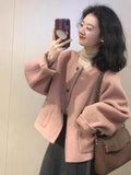 Ebbgo  Sweet Woolen Jacket Women Fashion Round Neck Single Breasted Temperament Gentle Solid Spring Cute Loose Temperament Lady Coat