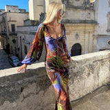 Ebbgo  New Summer See Through Print Tie Front Long Sleeve Dresses Outfits for Women Beachwear Vintage Slit Maxi Dress Vestido