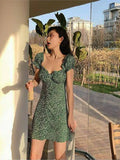 Ebbgo  -  Summer Boho Vintage Green Floral Sexy Dress Vintage Korean Beach Off Shoulder Ruffle Bohemian Dress Lady Casual Vestidos