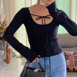 Ebbgo  Autumn Women Ribbed Knitted Top Fashion Basic Knit Long Sleeve T-Shirts Vintage Square Collar Tees Slim Pullovers Chic Shirts