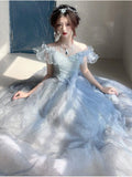 Ebbgo  -  Women Blue Tulle Layered Prom Dresses Slash Neck Flying Sleeve Quinceanera Dresses Female Long Evening Gowns