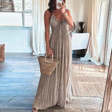 Ebbgo  -  Women Sexy U Neck Halter Long Party Dress Spring Solid High Waist Pleated Maxi Dress Summer Backless Lace-up Hollow Boho Dresses