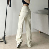 Ebbgo  Spring White Vintage High Waist Jeans Fashion Pocket Straight Wide Leg Pants Street Casual Baggy Mopping Denim Trouser Ladies