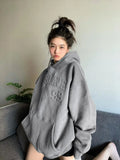 Ebbgo  Hooded Female Clothes Pullovers Baggy Letter Printing Long Grunge Loose Hoodies Text Sweatshirts for Women Tops Grey Y2k Style E