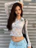 Ebbgo  Japanese Y2k Lace Tops Vintage Harajuku Long Sleeve Sheer Top 2000s See Through T-shirt Mesh Tops Haut Femme Grunge Clothes