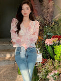 Ebbgo  Chiffon Print Elegant Vintage Blouse Women Flare Sleeve Fairy Sweet Blouse Female Ruffles France Style Causal Tops Summer