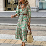 Ebbgo  -  Summer New Floral Print V-Neck Street Boho Dress Fashion Loose Half Sleeve Button Party Dress Women Elegant Slit Ruffles Dresses