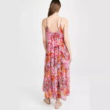 Ebbgo  -  Spring Floral Print Chiffon Holiday Beach Dress Women Sexy V Neck Backless Sling Long Dress Summer Sleeveless Pleated Maxi Dress