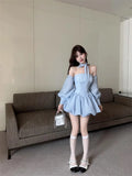 Ebbgo  Sweet Slash Neck Strapless Fluffy Dress Women Fashion Collarbone Cuff Stripe Spicy Girl Korean Fashion Slim Summer Party Wear