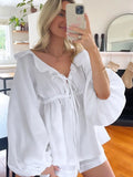 Ebbgo  -  Casual Loose Pajamas Set Lantern Sleeve Shirt Suits Summer Cotton Shorts Ruffles Lace Up Tops Two Piece Sets White Outfits