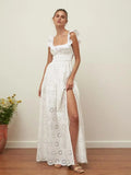 Ebbgo  Square Collar White Lace Summer Tank Dress Women Sexy Backless Maxi Long Sundress Holiday Beach Cotton Slip Vestidos Party 2024