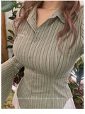 Ebbgo   Sexy Bodycon Striped Shirt Long Sleeve Korean Fashion Slim Women Blouses Green Chic Vintage Embroidery Aesthetic Tops