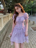 Ebbgo  -  Summer French Elegant Mini Dress Women Korean Party Sweet Dress Female Puff Sleeve Lace Up A-line Dress