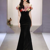 Ebbgo  -  Evening dresses flower gown black velet off shoulder dress French fishtail long skirt h88323